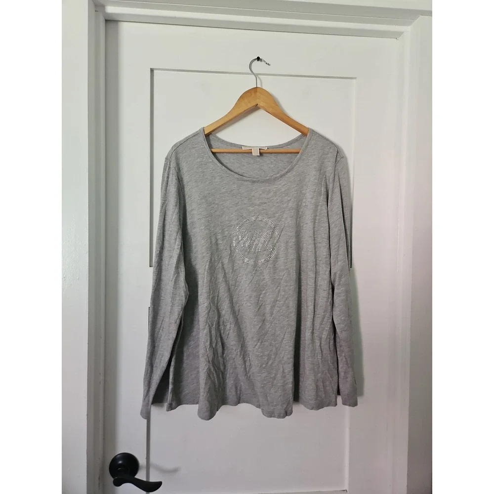 Michael Kors Gray Crystal MK Studded‎ Logo Long Sleeve Shirt 2X